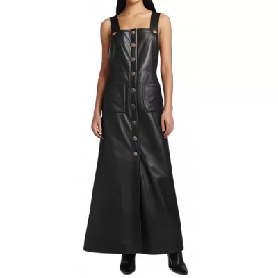 Robe longue avec pressions métal en cuir d'agneau agneau noir modèle Chimène
