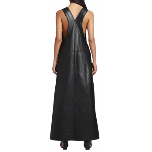 Robe longue avec pressions métal en cuir d'agneau agneau noir modèle Chimène