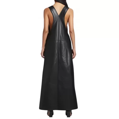 Robe longue avec pressions métal en cuir d'agneau agneau noir modèle Chimène