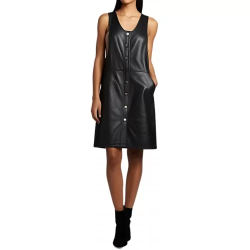Robe en cuir d'agneau noir fermeture par boutons métal modèle Yasmine