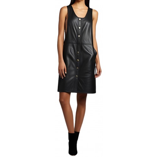 Robe en cuir d'agneau noir fermeture par boutons métal modèle Yasmine