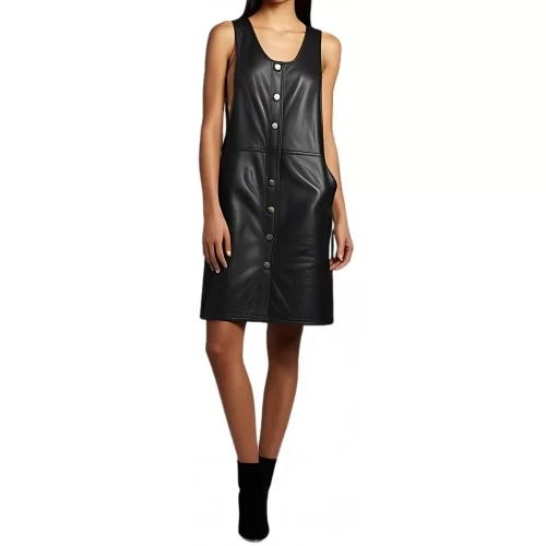 Robe en cuir d'agneau noir fermeture par boutons métal modèle Yasmine