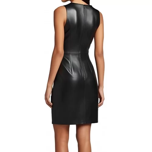 Robe sans manches en cuir mi longue en agneau noir zip sur l'arrière modèle Myriade