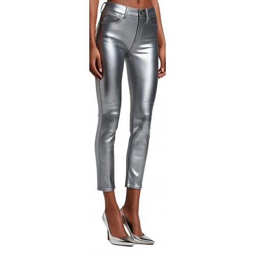Pantalon cuir femme style  jeans en agneau argent modèle Mirnione