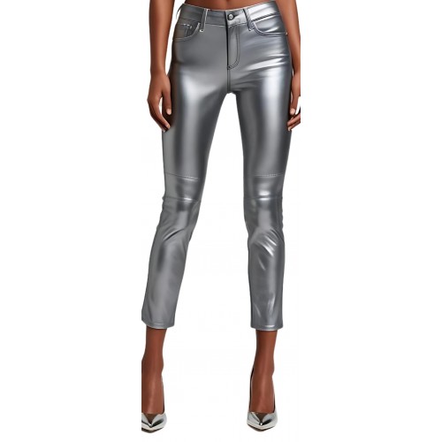 Pantalon cuir femme style  jeans en agneau argent modèle Mirnione