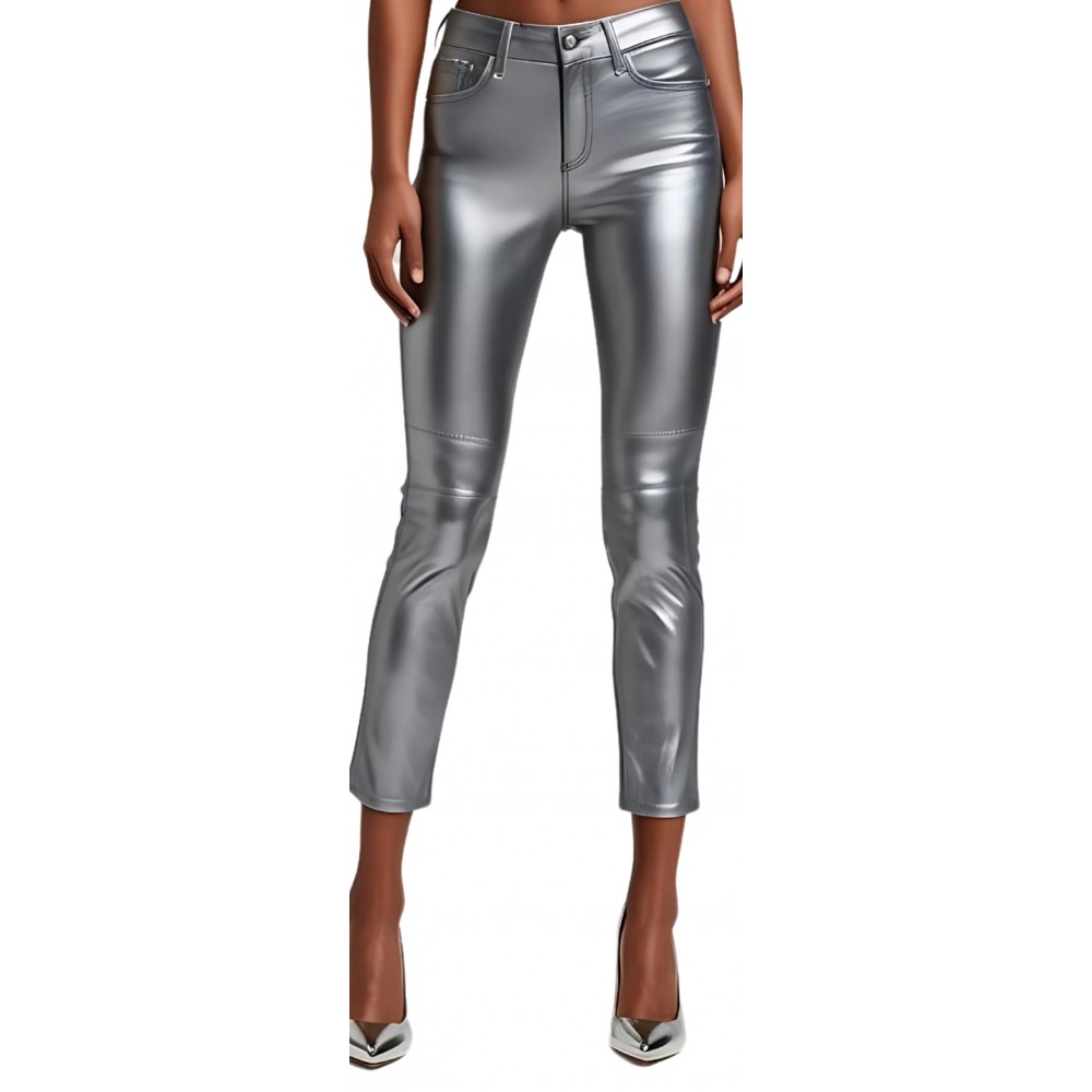 Pantalon cuir femme style  jeans en agneau argent modèle Mirnione