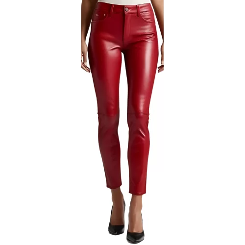 Pantalon cuir style jeans femme en agneau cuir rouge modèle Bridgita