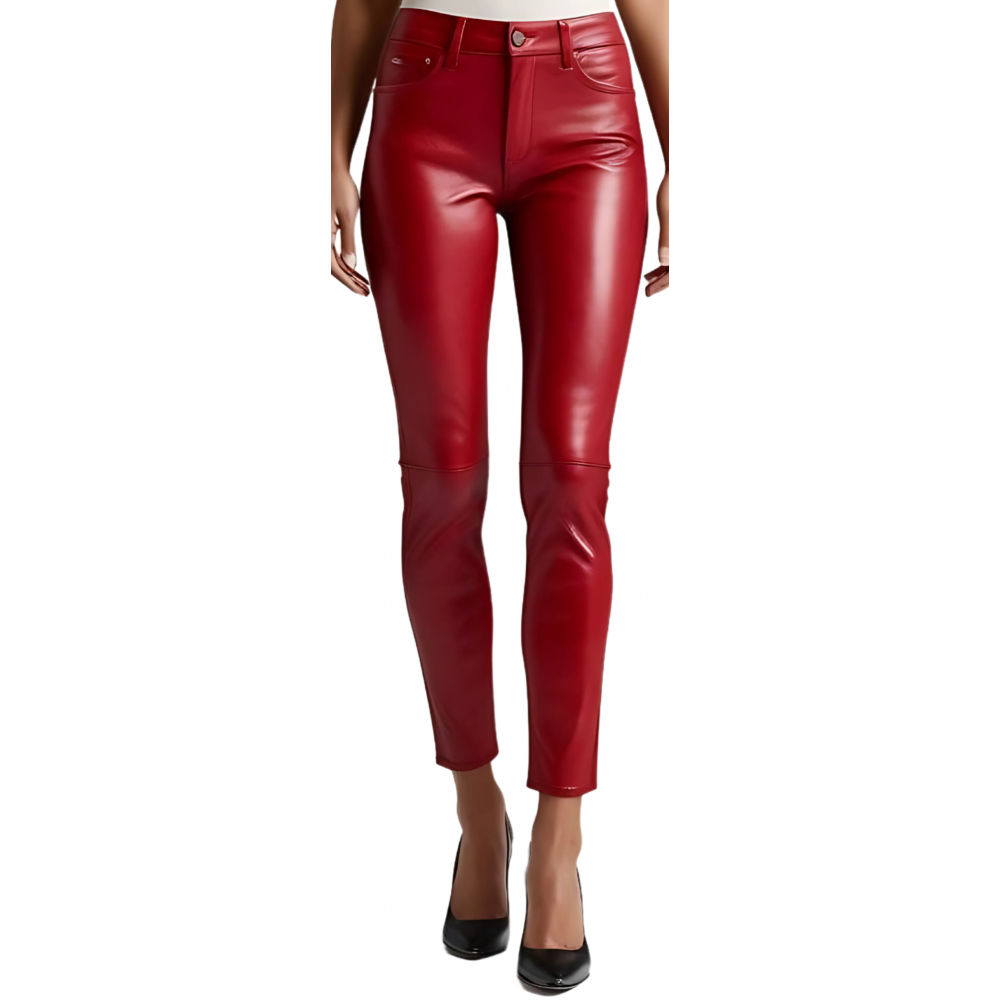 Pantalon cuir style jeans femme en agneau cuir rouge modèle Bridgita