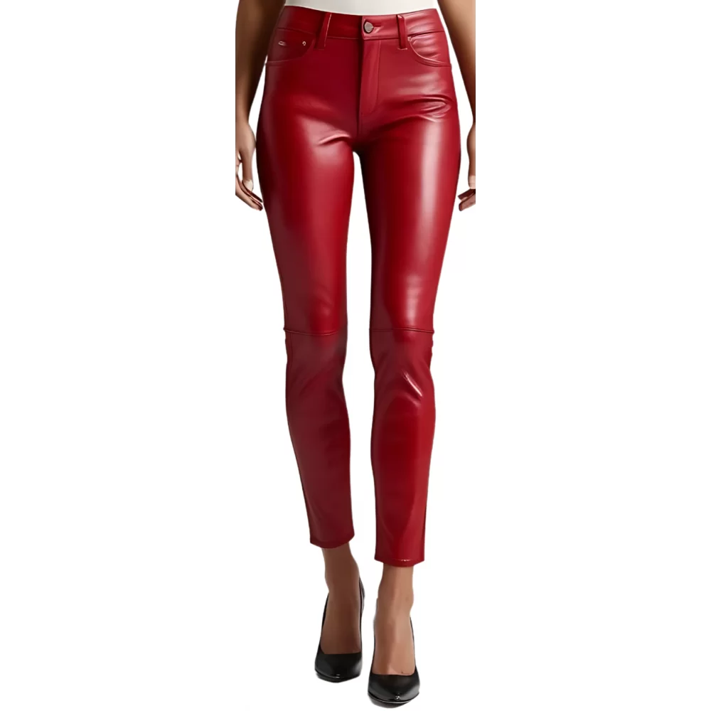 Pantalon cuir style jeans femme en agneau cuir rouge modèle Bridgita