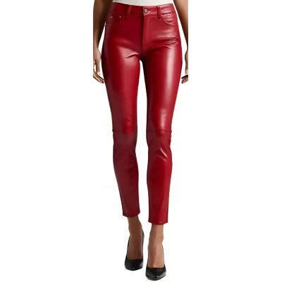 Pantalon cuir style jeans femme en agneau cuir rouge modèle Bridgita