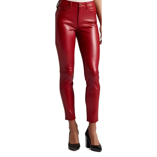 Pantalon cuir style jeans femme en agneau cuir rouge modèle Bridgita