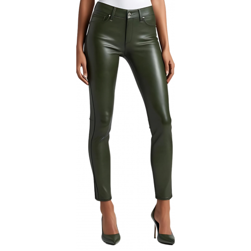 Pantalon cuir femme jeans en agneau vert kaki modèle Bettyna