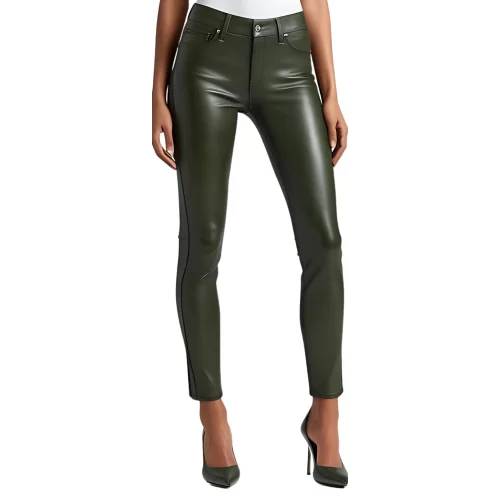 Pantalon cuir femme jeans en agneau vert kaki modèle Bettyna