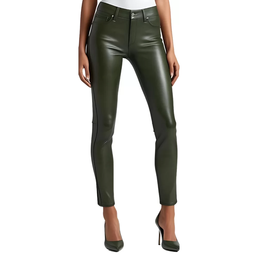 Pantalon cuir femme jeans en agneau vert kaki modèle Bettyna
