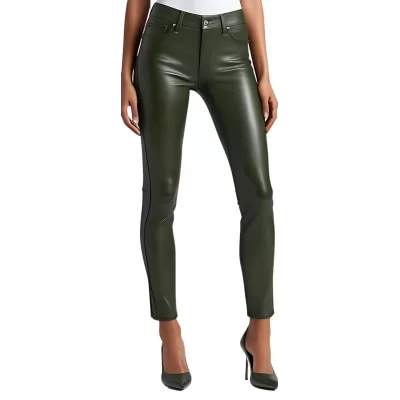 Pantalon cuir femme jeans en agneau vert kaki modèle Bettyna