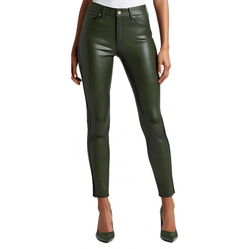 Pantalon cuir femme jeans en agneau vert kaki modèle Bettyna
