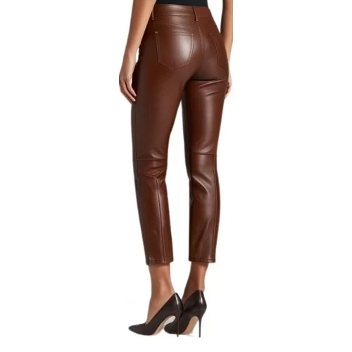 Pantalon type jeans cuir femme agneau marron modèle Zela