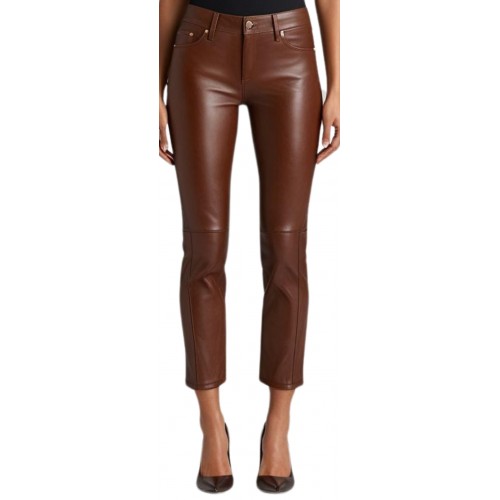 Pantalon type jeans cuir femme agneau marron modèle Zela