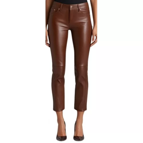 Pantalon type jeans cuir femme agneau marron modèle Zela