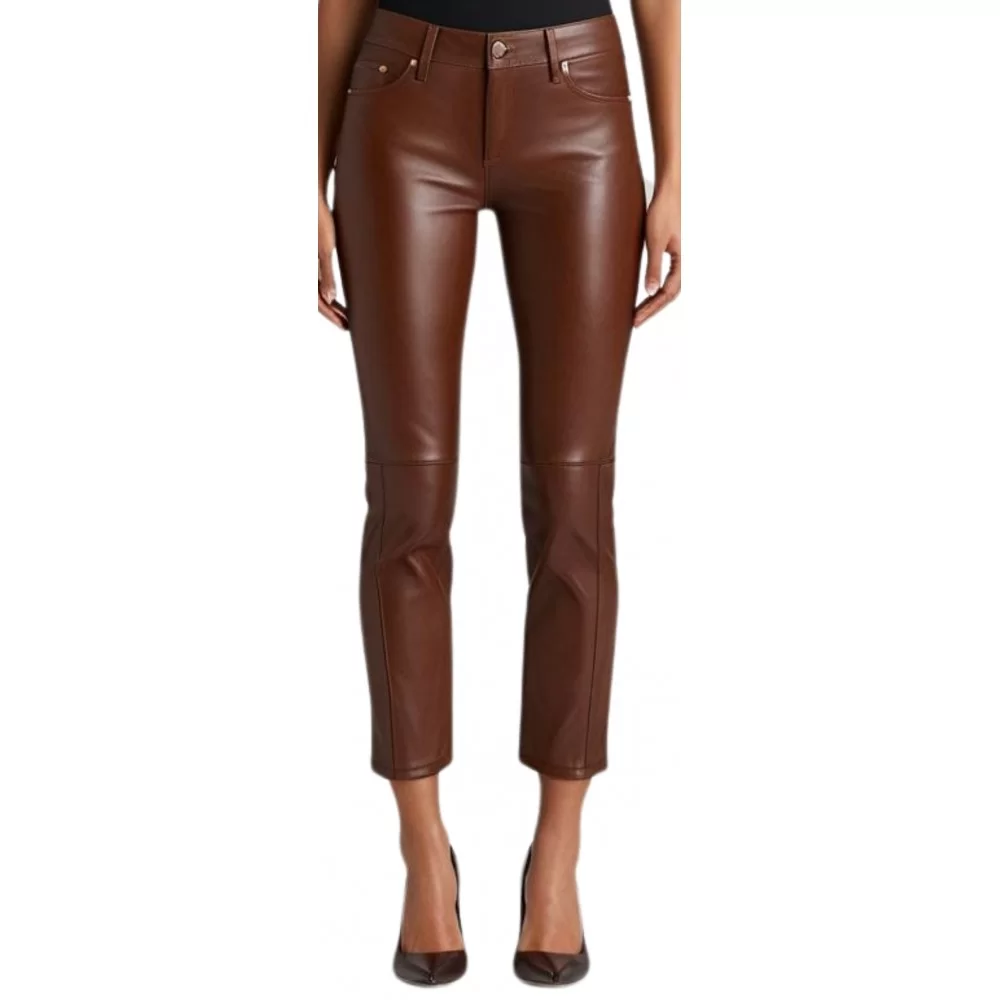 Pantalon type jeans cuir femme agneau marron modèle Zela