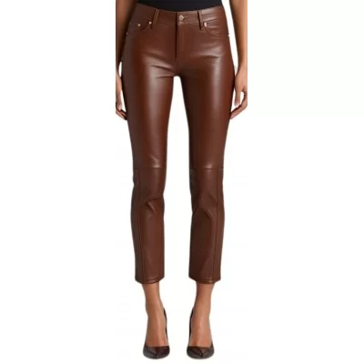 Pantalon type jeans cuir femme agneau marron modèle Zela