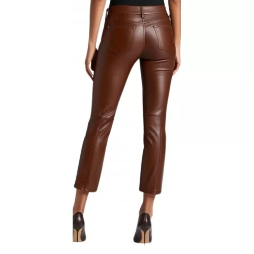 Pantalon type jeans cuir femme agneau marron modèle Zela