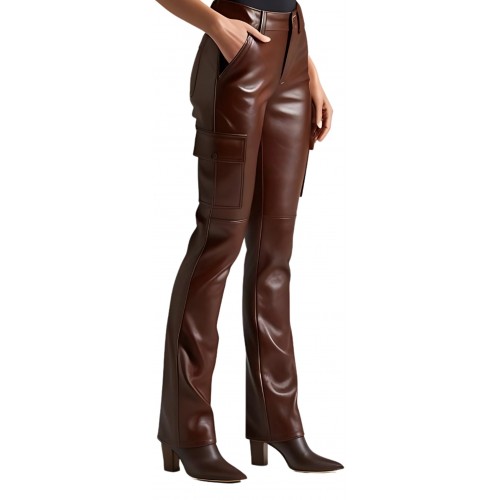 Pantalon type cargo femme en cuir d'agneau marron modèle Lilas