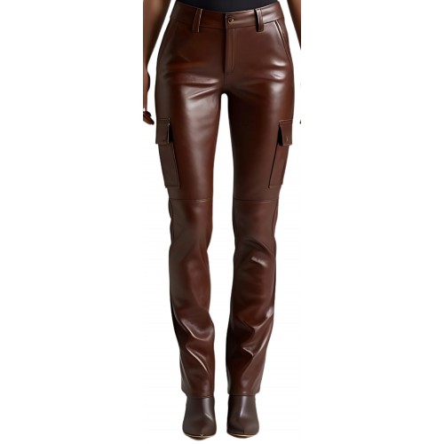 Pantalon type cargo femme en cuir d'agneau marron modèle Lilas