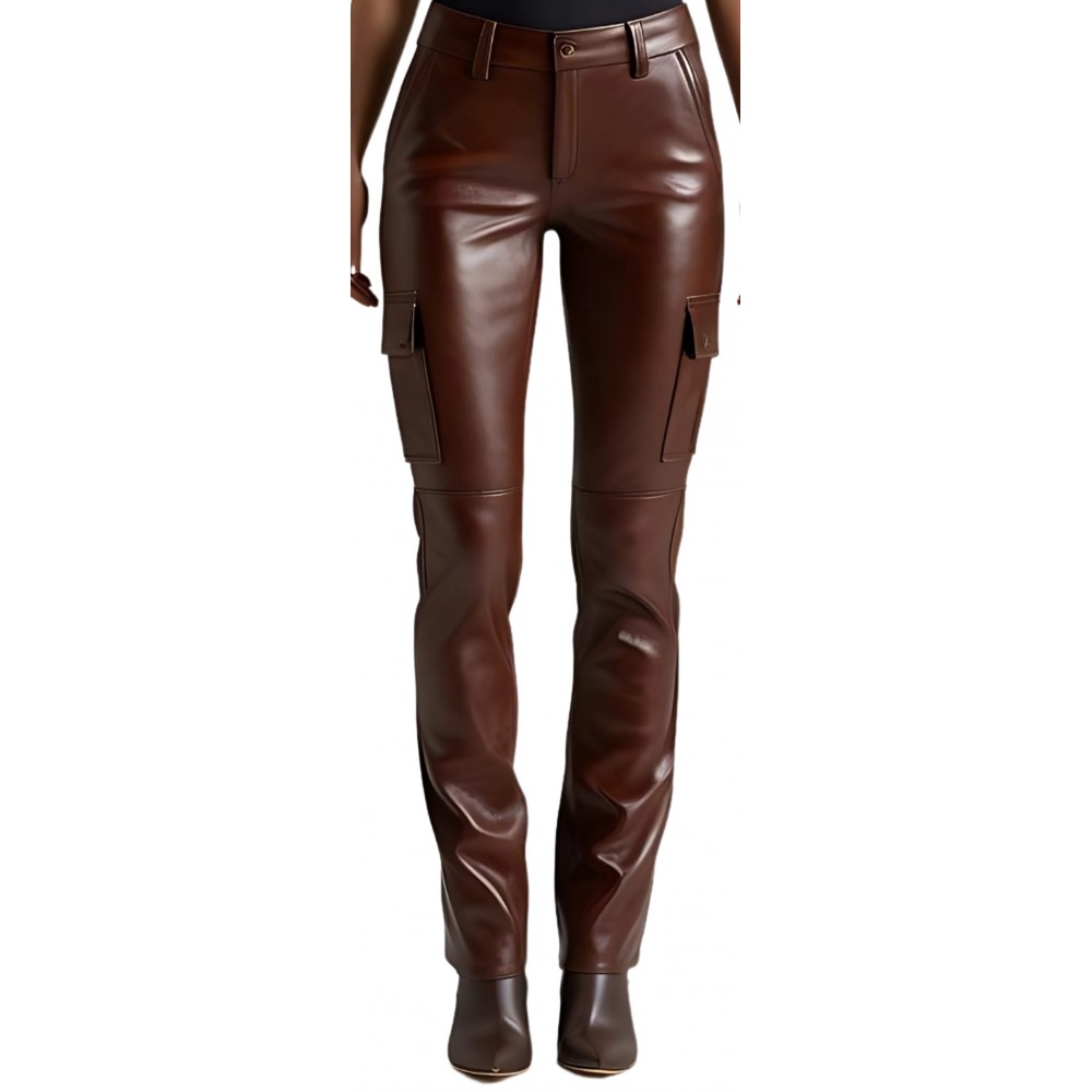Pantalon type cargo femme en cuir d'agneau marron modèle Lilas