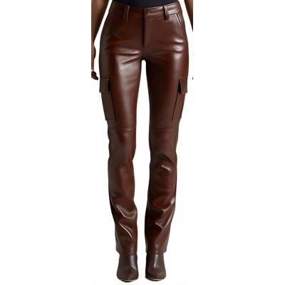 Pantalon type cargo femme en cuir d'agneau marron modèle Lilas