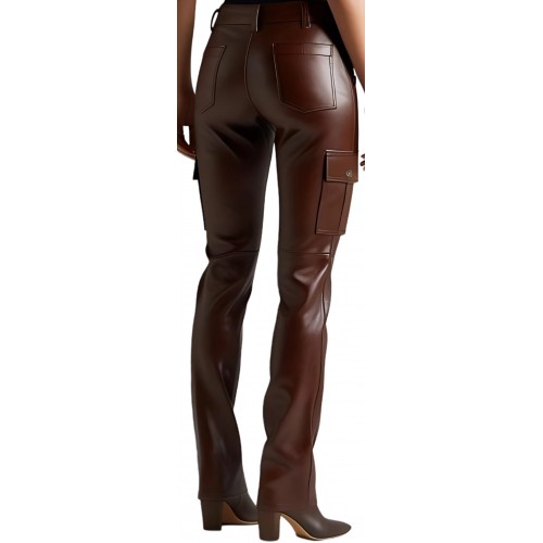 Pantalon type cargo femme en cuir d'agneau marron modèle Lilas