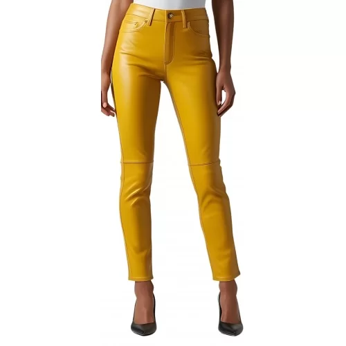 Pantalon cuir femme jeans en agneau jaune modèle Sandra
