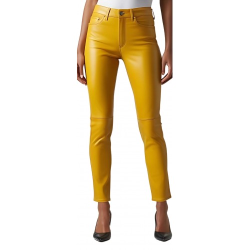 Pantalon cuir femme jeans en agneau jaune modèle Sandra