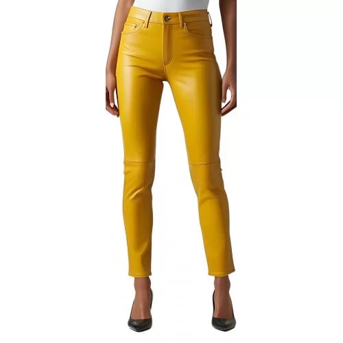 Pantalon cuir femme jeans en agneau jaune modèle Sandra