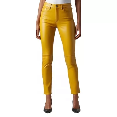 Pantalon cuir femme jeans en agneau jaune modèle Sandra
