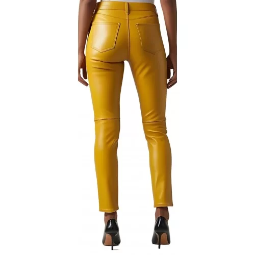 Pantalon cuir femme jeans en agneau jaune modèle Sandra