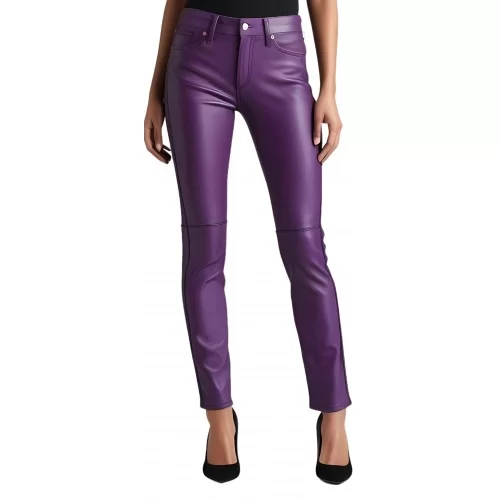 Pantalon cuir femme jeans en agneau violet modèle Pia
