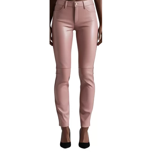 Pantalon cuir femme jeans en agneau rose modèle Sissi