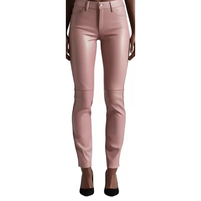 Pantalon cuir femme jeans en agneau rose modèle Sissi