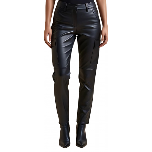 Pantalon cuir coupe cargo femme en agneau noir modèle Irizza