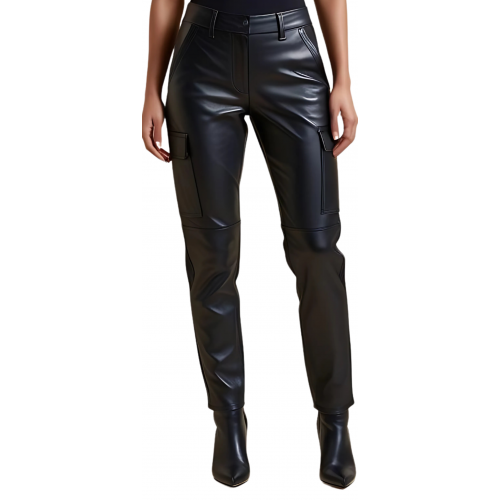 Pantalon cuir coupe cargo femme en agneau noir modèle Irizza