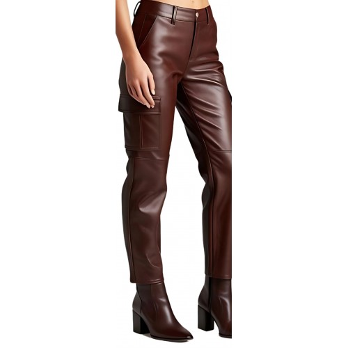Pantalon type cargo femme en cuir d'agneau marron modèle Sophia