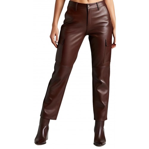 Pantalon type cargo femme en cuir d'agneau marron modèle Sophia