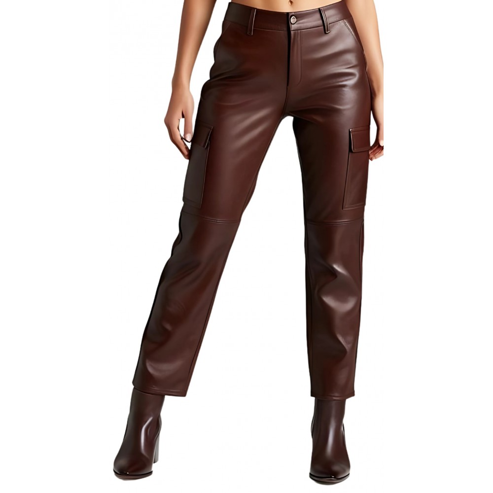 Pantalon type cargo femme en cuir d'agneau marron modèle Sophia