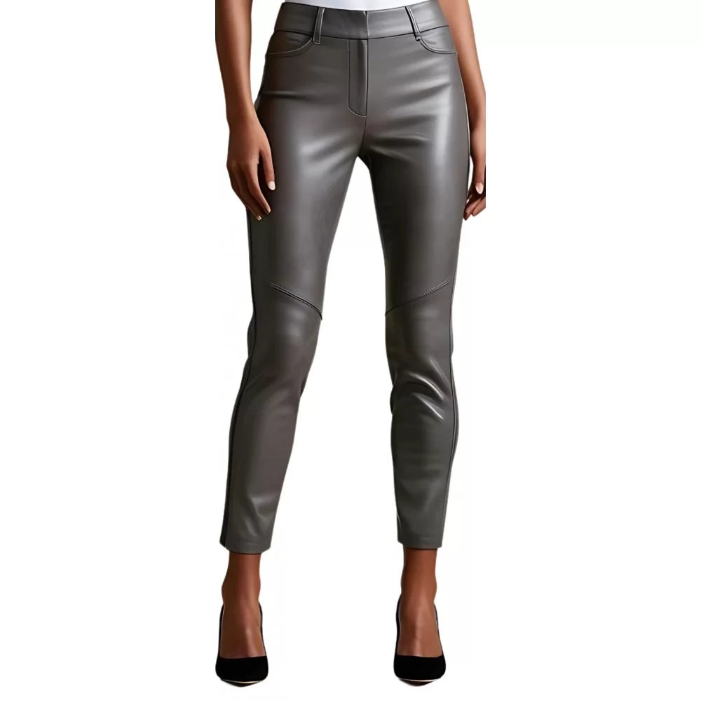 Pantalon cuir femme forme jeans agneau gris modèle Naomie