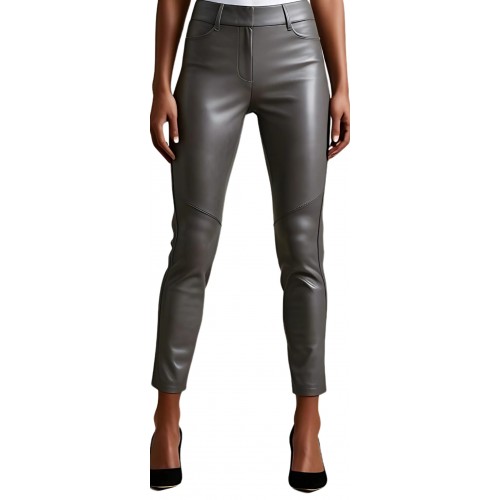 Pantalon cuir femme forme jeans agneau gris modèle Naomie