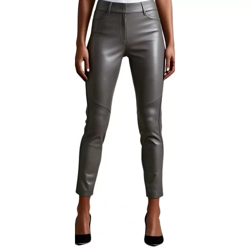 Pantalon cuir femme forme jeans agneau gris modèle Naomie