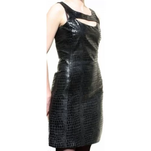 Robe en cuir d'agneau noir impression reptile modèle Capucine