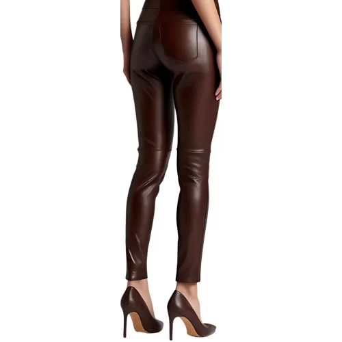 Pantalon type jeans cuir femme agneau marron chocolat modèle Rilia