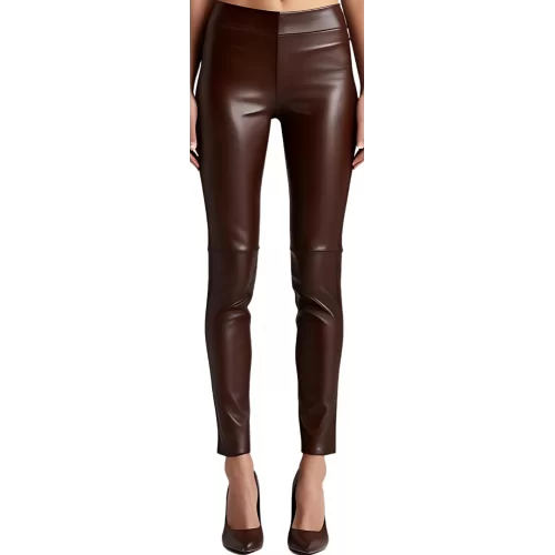 Pantalon type jeans cuir femme agneau marron chocolat modèle Rilia